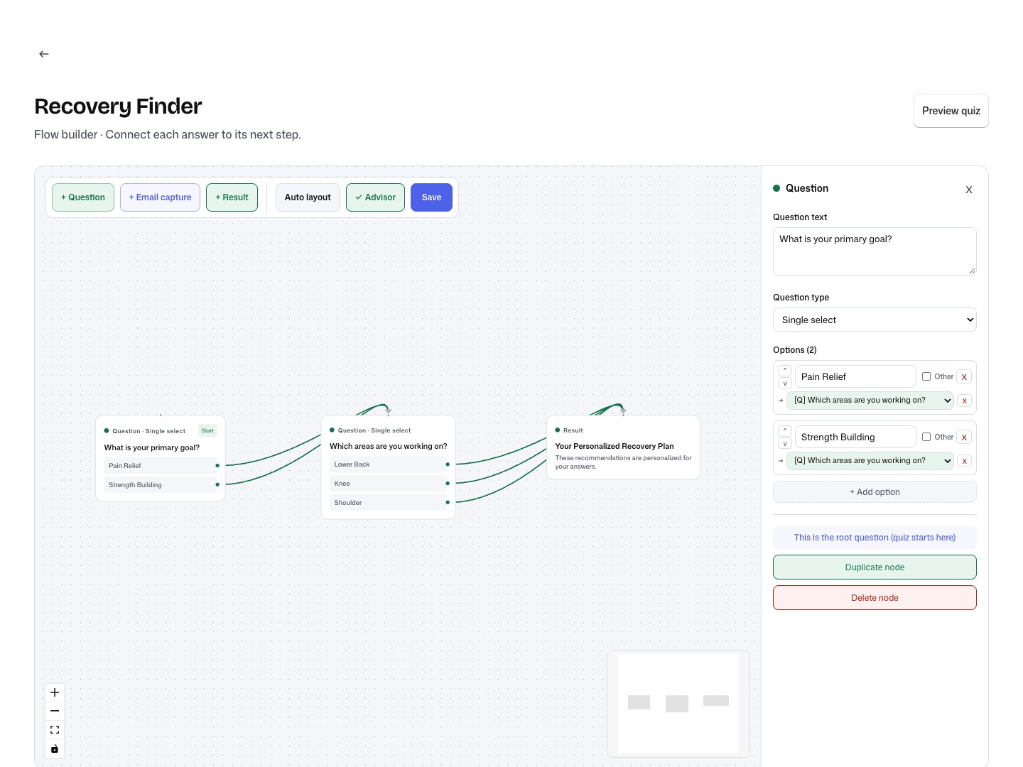 Quiz Path visual builder showing connected recovery questions, a product result, and the question editor.